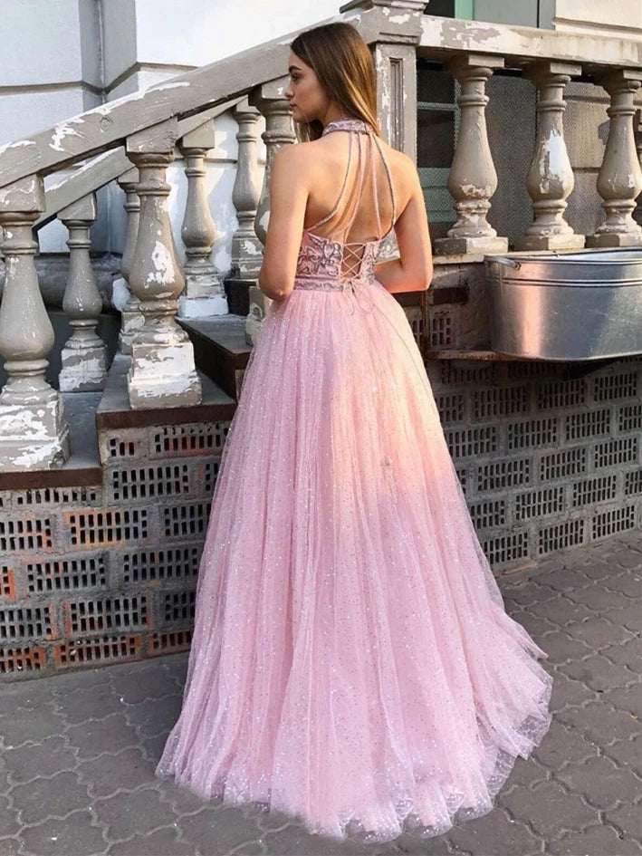 Halter Shining Tulle Prom Dresses A-line Appliqued Gowns cg21248