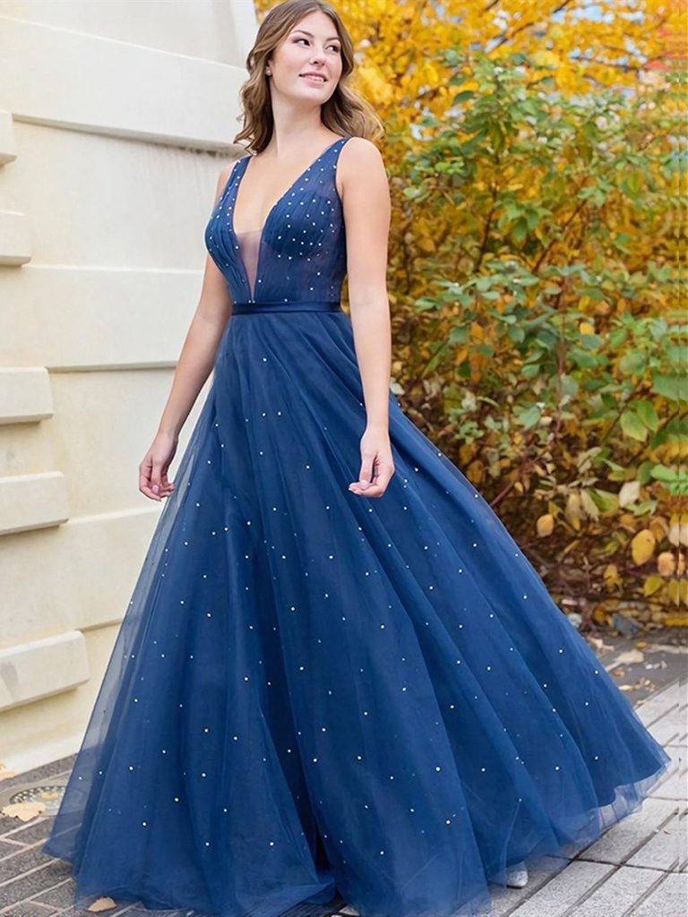 A Line V Neck Beaded Navy Blue Long Prom Dresses, V Neck Dark Blue Tulle Long Formal Evening Dresses cg21261