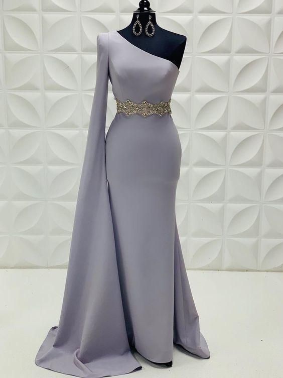 Sheath/Column One Shoulder Silver Long Prom Dresses Satin Evening Dress cg21273