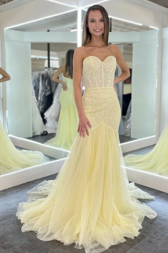 Yellow tulle sequins long prom dress yellow evening dress cg21317
