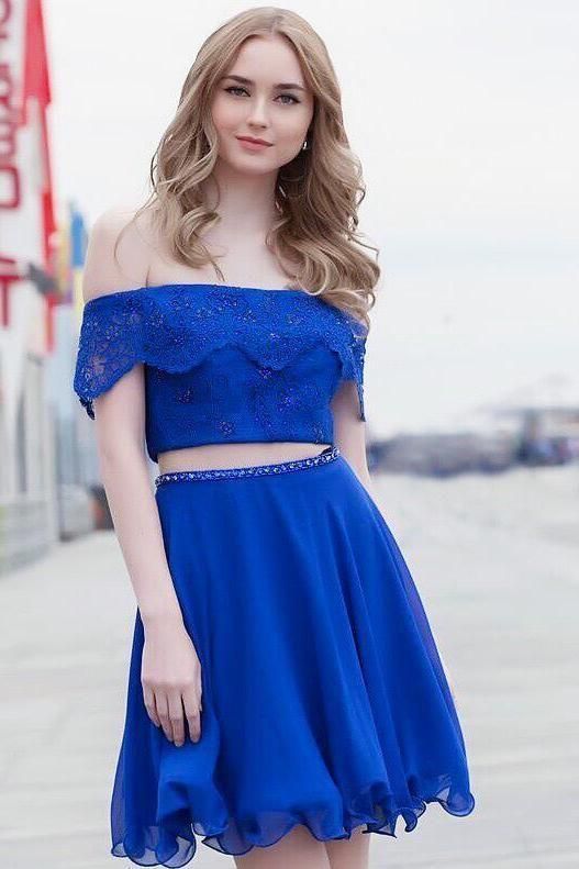 Two Piece Royal Blue Lace Dress, Sexy Short Party Dress, Homecoming Dress for Party cg2133
