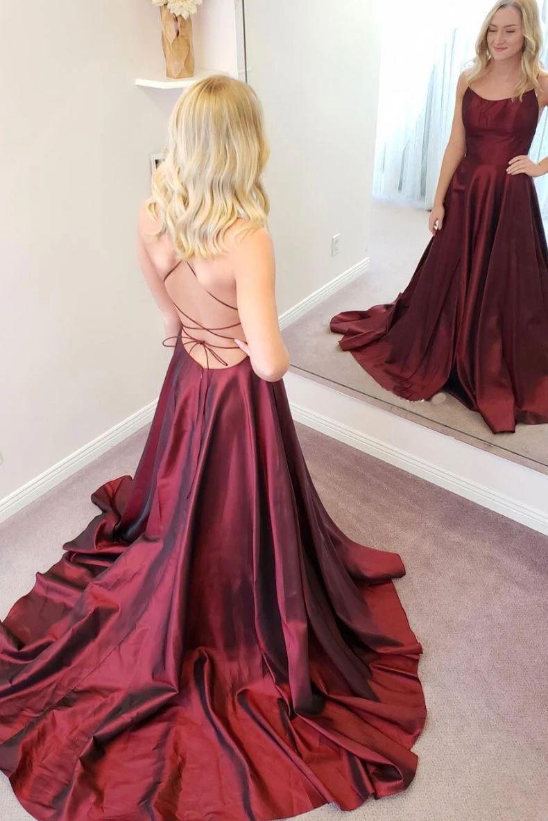 Simple burgundy satin long prom dress burgundy formal dress cg21332