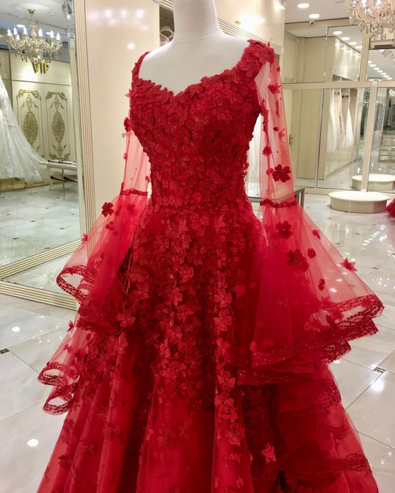 red long lace tulle Prom Dresses Long cg21337