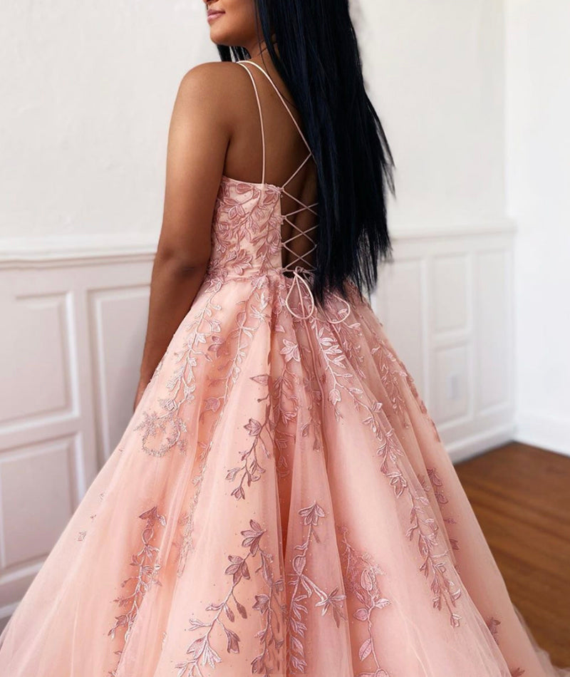 Pink lace long prom dress A line evening dress cg21384