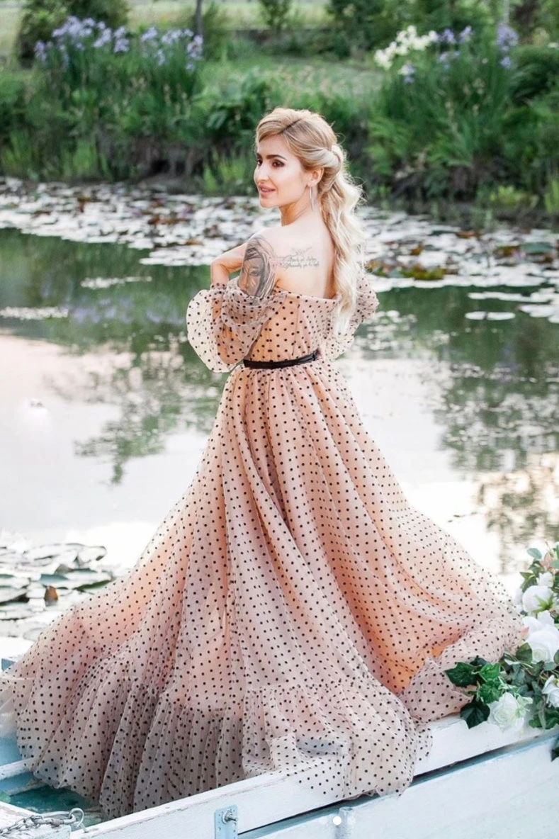 Champagne sweetheart off shoulder tulle long prom dress cg21397