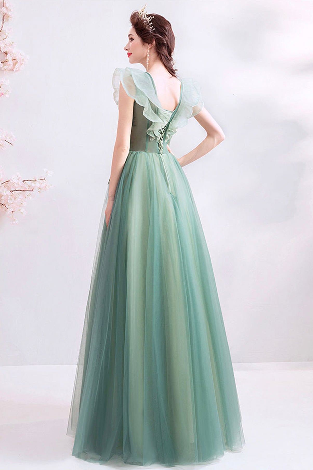 GREEN TULLE LONG A LINE PROM DRESS EVENING DRESS cg21404