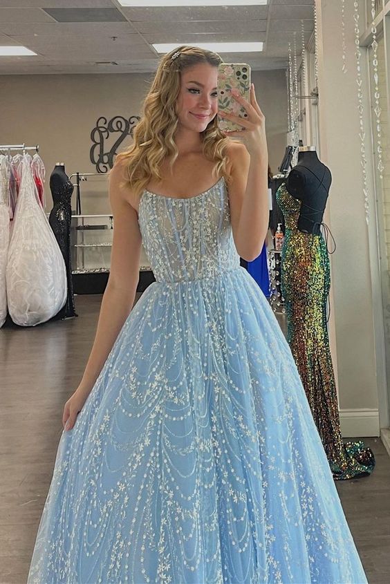 A-line blue long prom dress with spaghetti straps cg21406