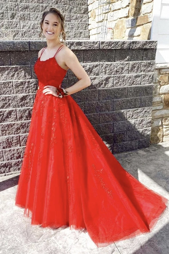 Red lace long A line prom dress red evening dress cg21416