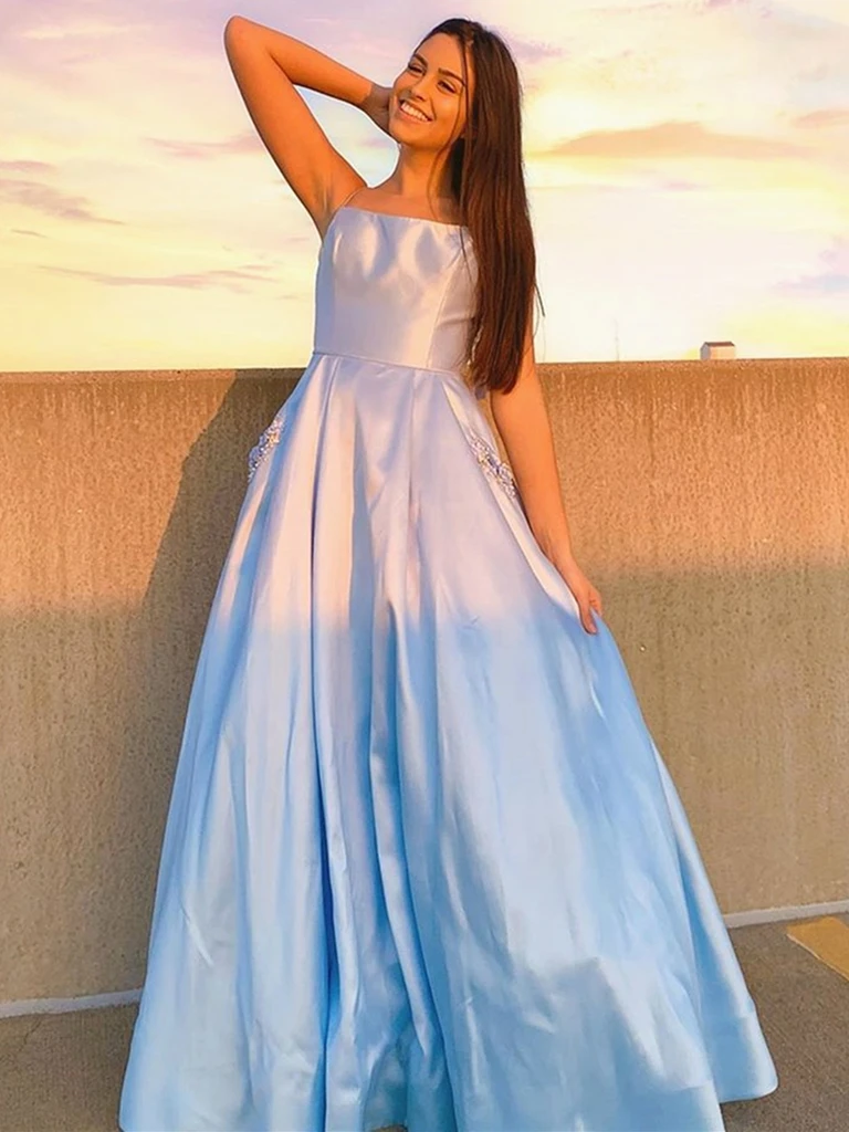 Backless Light Blue Long Prom Dresses with Pocket, Long Light Blue Formal Evening Dresses cg21425