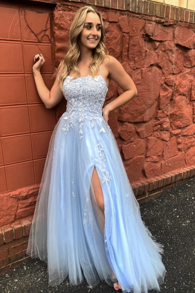 A Line Thin Strap Light Blue Lace Long Prom Dress with Slit, Light Blue Lace Formal Evening Dress cg21435