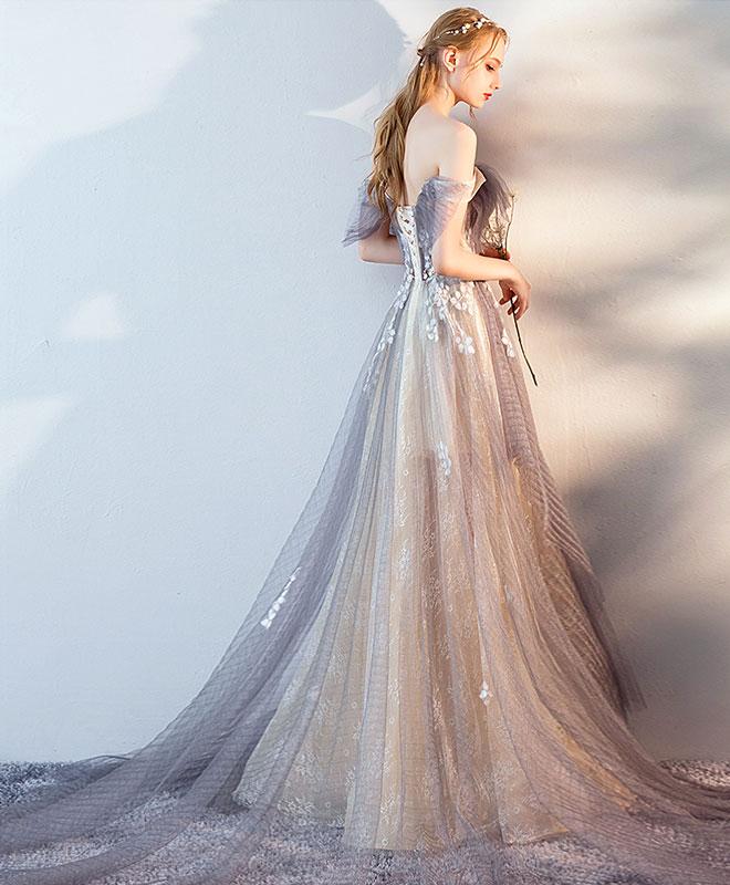 Gray tulle lace long prom dress, gray tulle lace evening dress cg21445