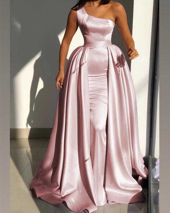 Mermaid One Shoulder Satin prom dresses Removable Skirt cg21451