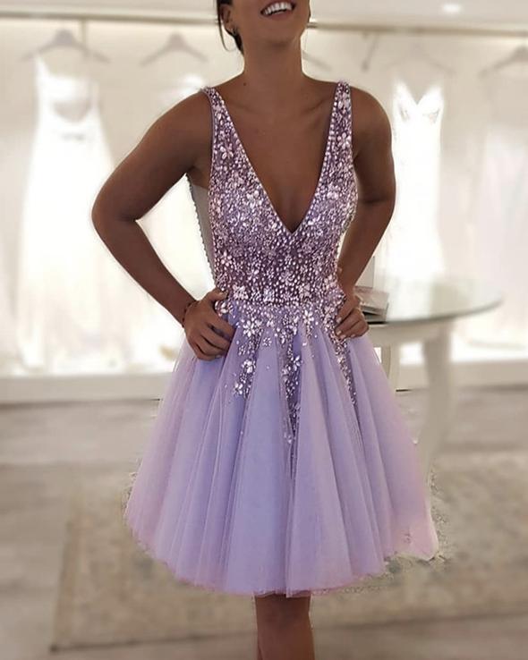 Beaded Homecoming Dresses Tulle V Neck cg21452