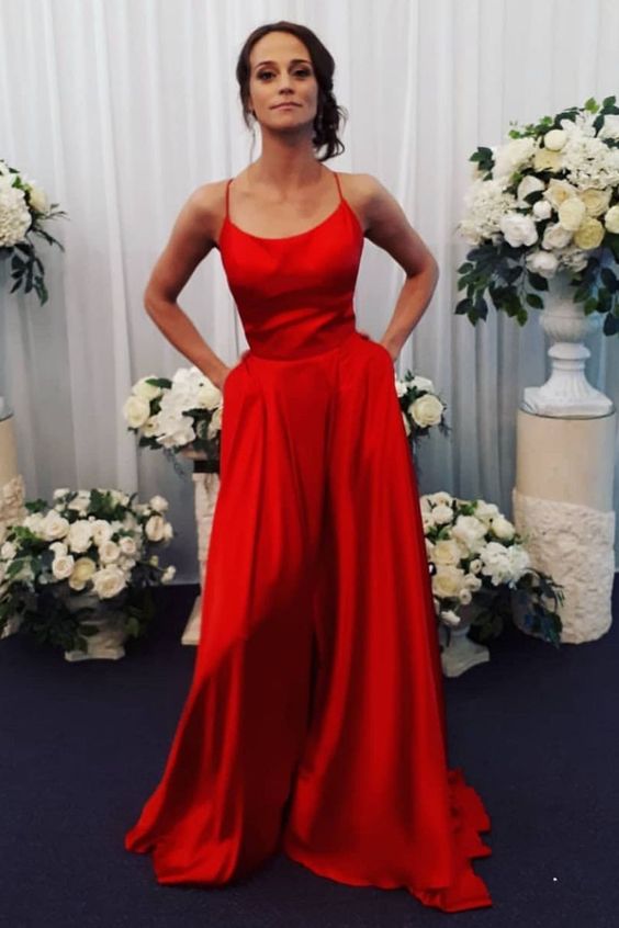 spaghetti straps red A-line long prom dress with pockets and pockets cg21462