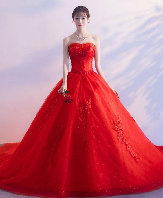 Red sweetheart neck lace long prom dress, sweet 16 dress cg21489