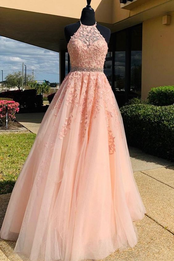halter A-line pink tulle and lace appliques long prom dress cg21516