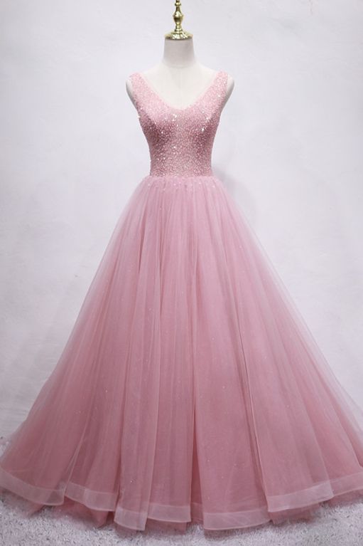 A-line blush pink tulle long party prom dress with beaded bodice cg21520
