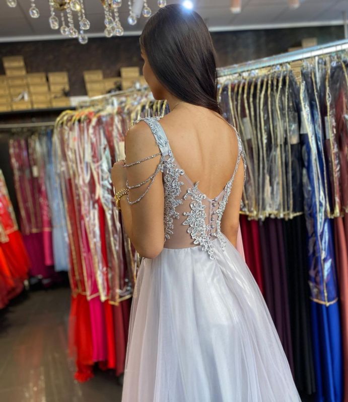 Women Sleeveless Silver Lace A-Line Prom Dresses Long cg21523