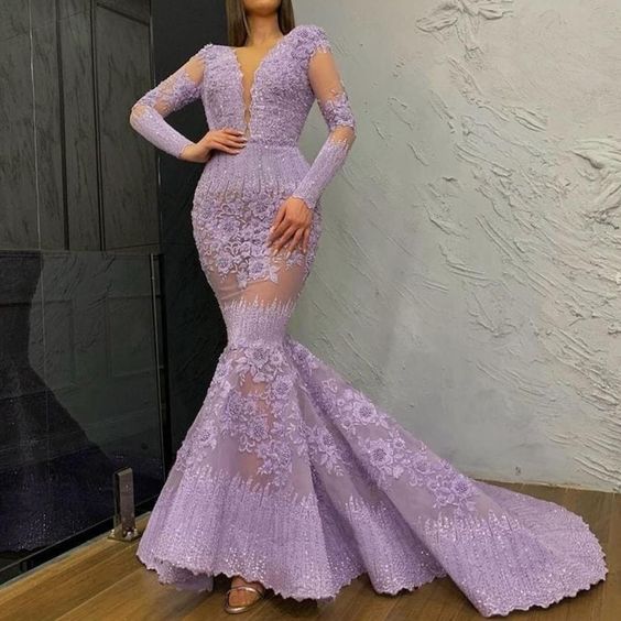 luxury purple evening dresses long sleeve mermaid lace applique beaded modest floral evening gown prom dress cg21545