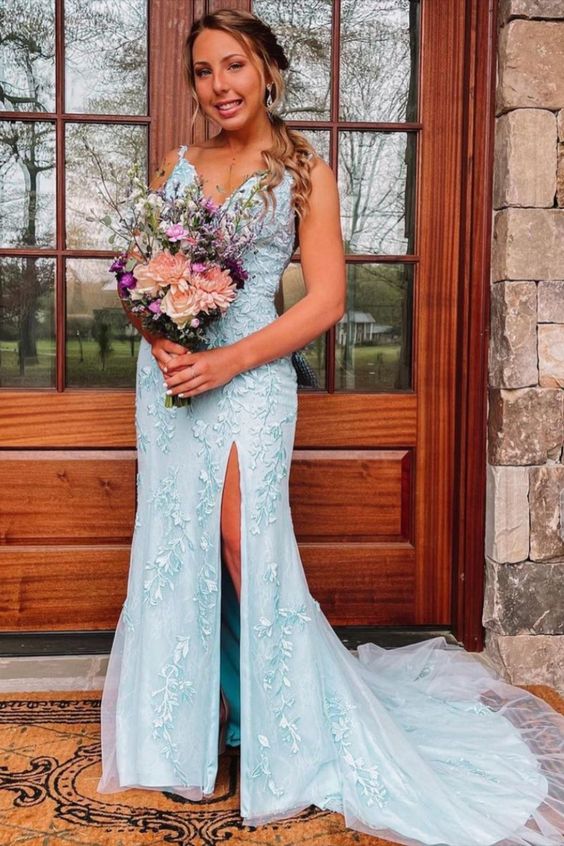 mermaid light blue lace appliques long formal prom dress features with v neck cg21558