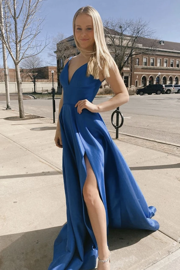 Blue satin long A line prom dress blue evening dress cg21565