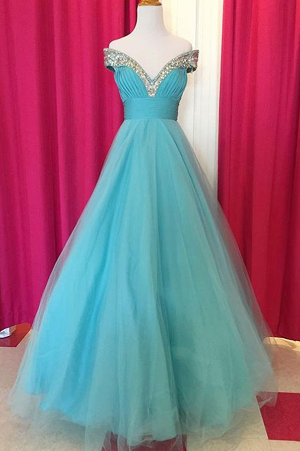 Fabulous Off Shoulder Floor Length Blue Ruched Prom Dress with Beading Celebrity Dresses cg21570