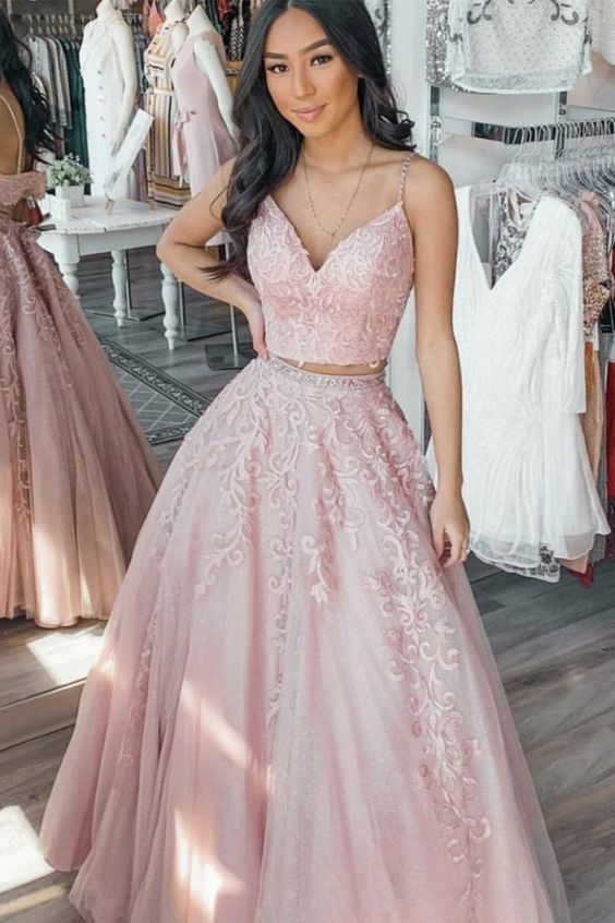 A Line V Neck Two Pieces Lace Appliques Pink Prom Dresses with Belt, 2 Pieces Pink Lace Formal Dresses, Lace Pink Evening Dresses cg21581