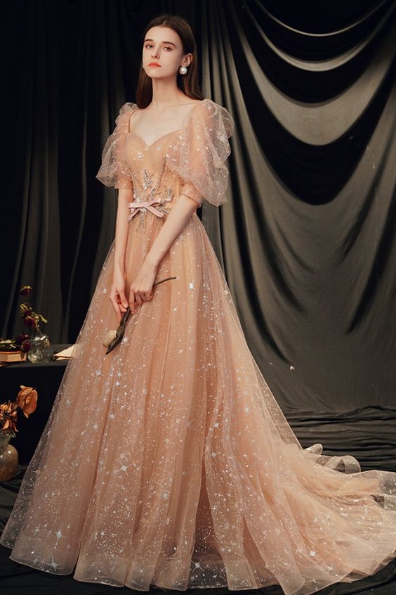Glocke kurzen Ärmeln Champagner Prinzessin langes Abendkleid Ballkleid Geburtstagskleid Ballkleider cg21586