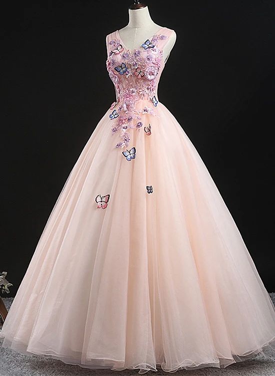 Charming Pink Flowers Ball Gown Long Sweet 16 Dress, Pink Prom Dress cg21597