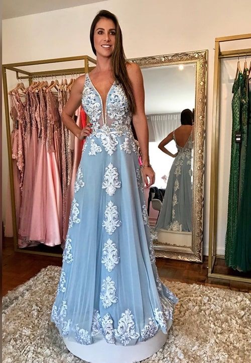 Tiefes V-Ausschnitt-Ballkleid, Blaues Ballkleid, Spitzenapplikations-Ballkleid, Elegantes Ballkleid, Langes Ballkleid, A-Linien-Ballkleid cg21606