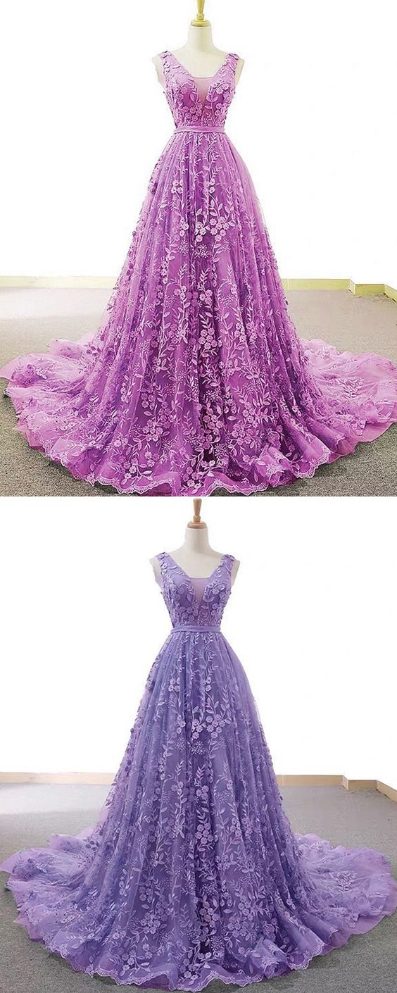 Hellviolettes A-Linien-Ballkleid mit V-Ausschnitt und Spitze cg21609