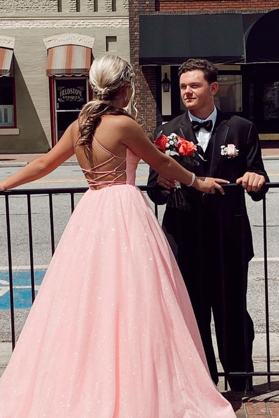 A-line pink shimmering long prom dress with lace up back cg21612