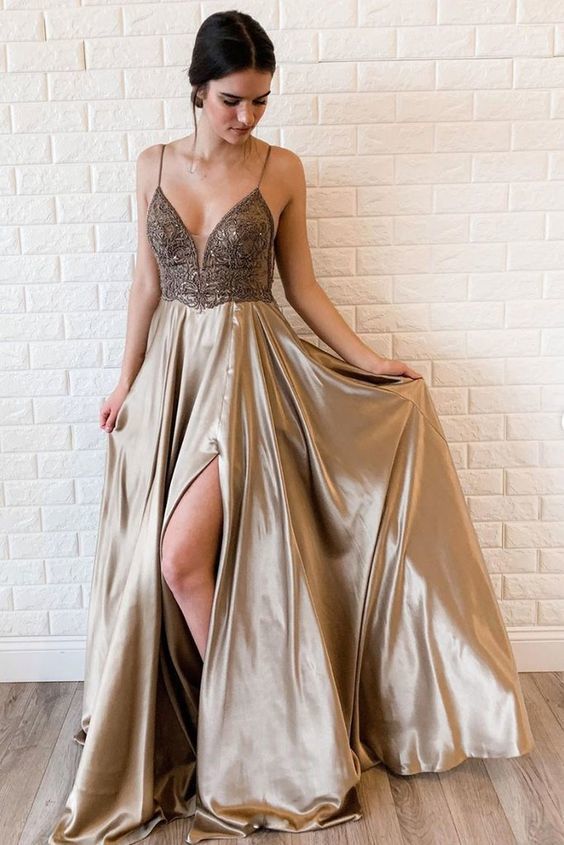Unique v neck satin beads long prom dress formal dress cg21621
