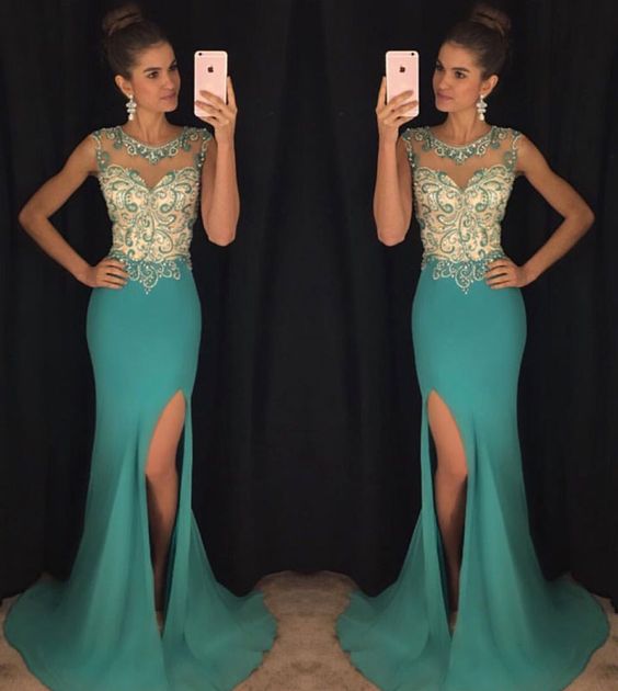 Green Round Neck Chiffon Mermaid Long Prom Dress, Green Evening Dress cg21642