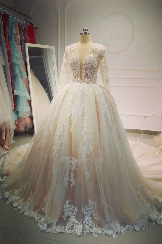 Champagne v neck tulle lace long prom dress, champagne evening dress cg21652