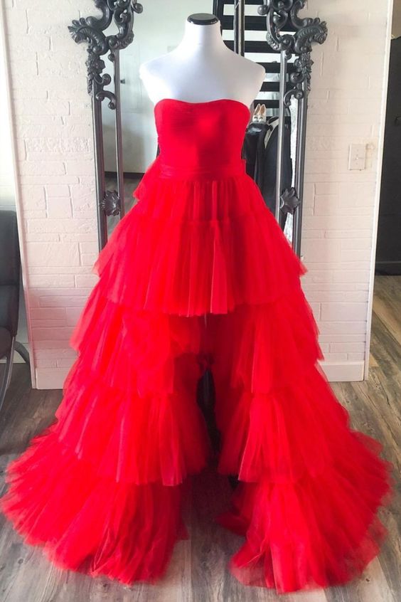 strapless red tulle high low party dress birthday party dress prom dress 2022 cg21665