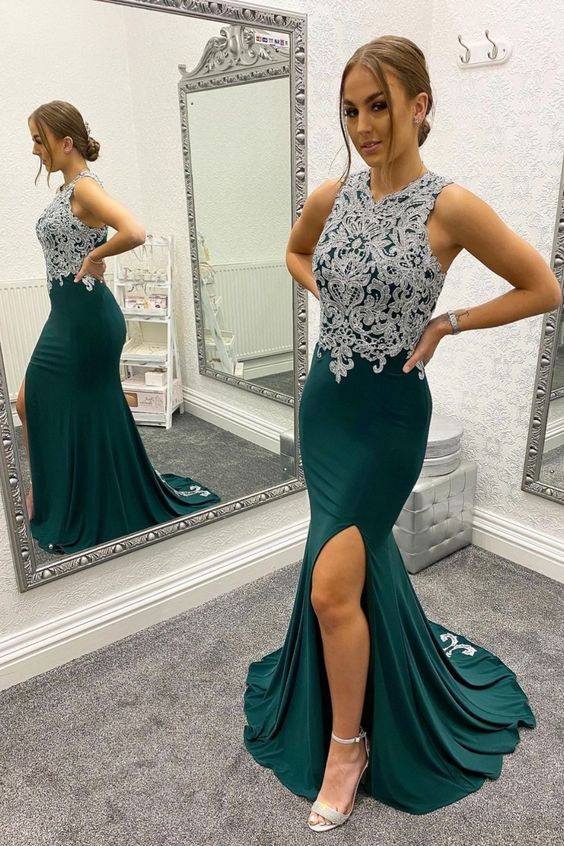 mermaid dark green long evening dress with beaded bodice and side slit prom dress 2022 cg21666