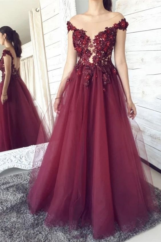 A-line burgundy tulle long formal dress evening dress prom dress cg21669