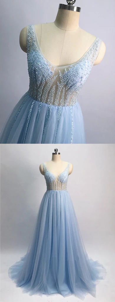 Light blue tulle V neck pearl see through long customize evening dress, long prom dress cg21696