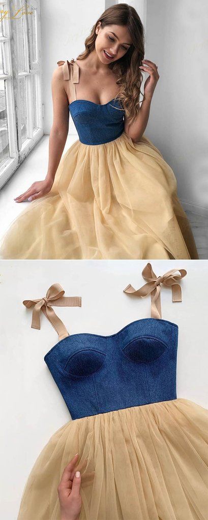Blue and Champagen Tea Length Casual Prom Dress Girls Party Gown cg21705