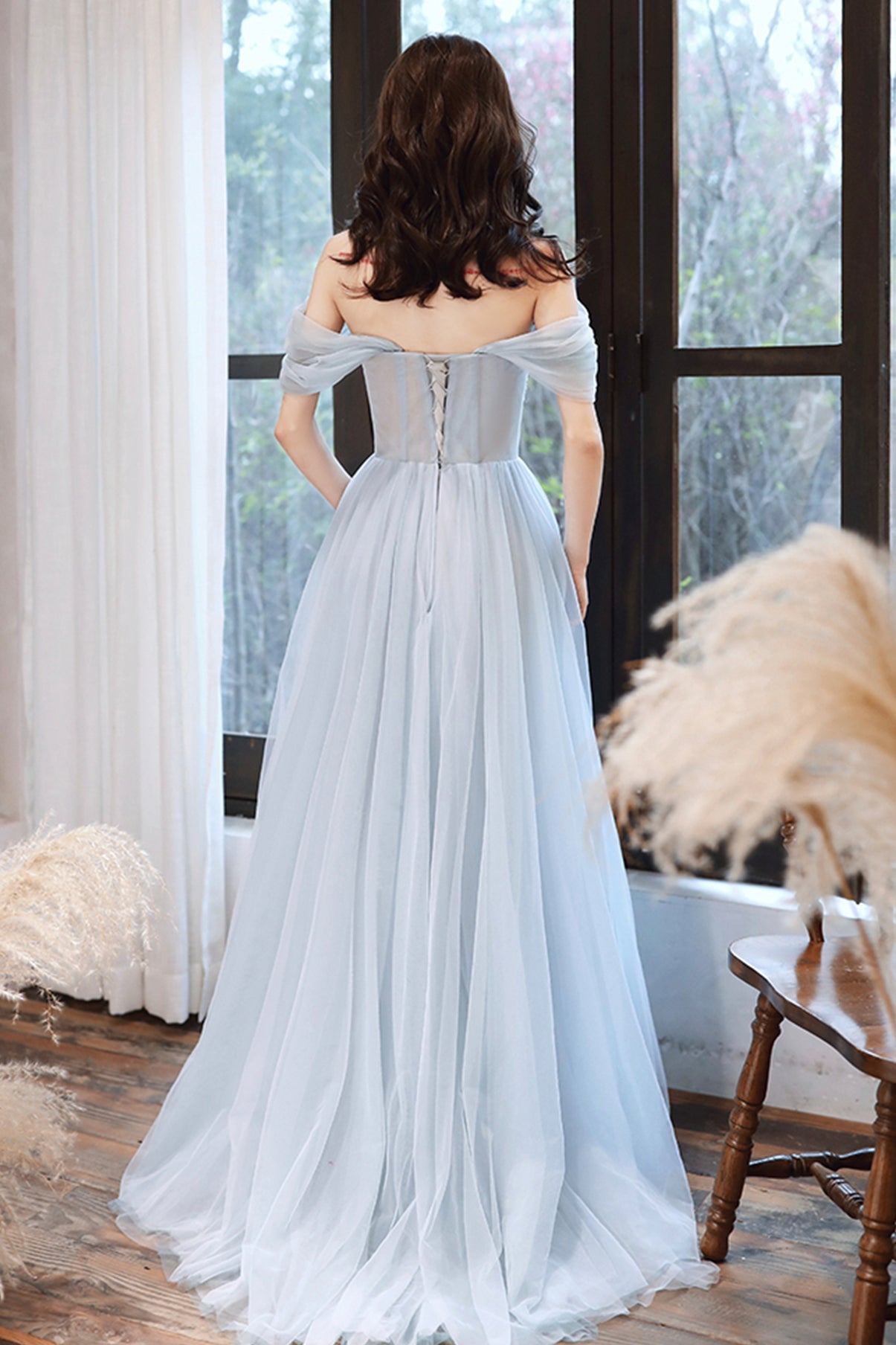 GRAY TULLE LACE LONG A LINE PROM DRESS EVENING DRESS cg21706