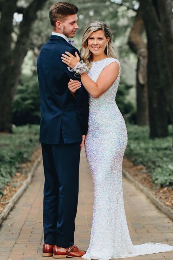 Long Prom Dresses open back white colored sequin long formal dress with cap sleeves cg21713