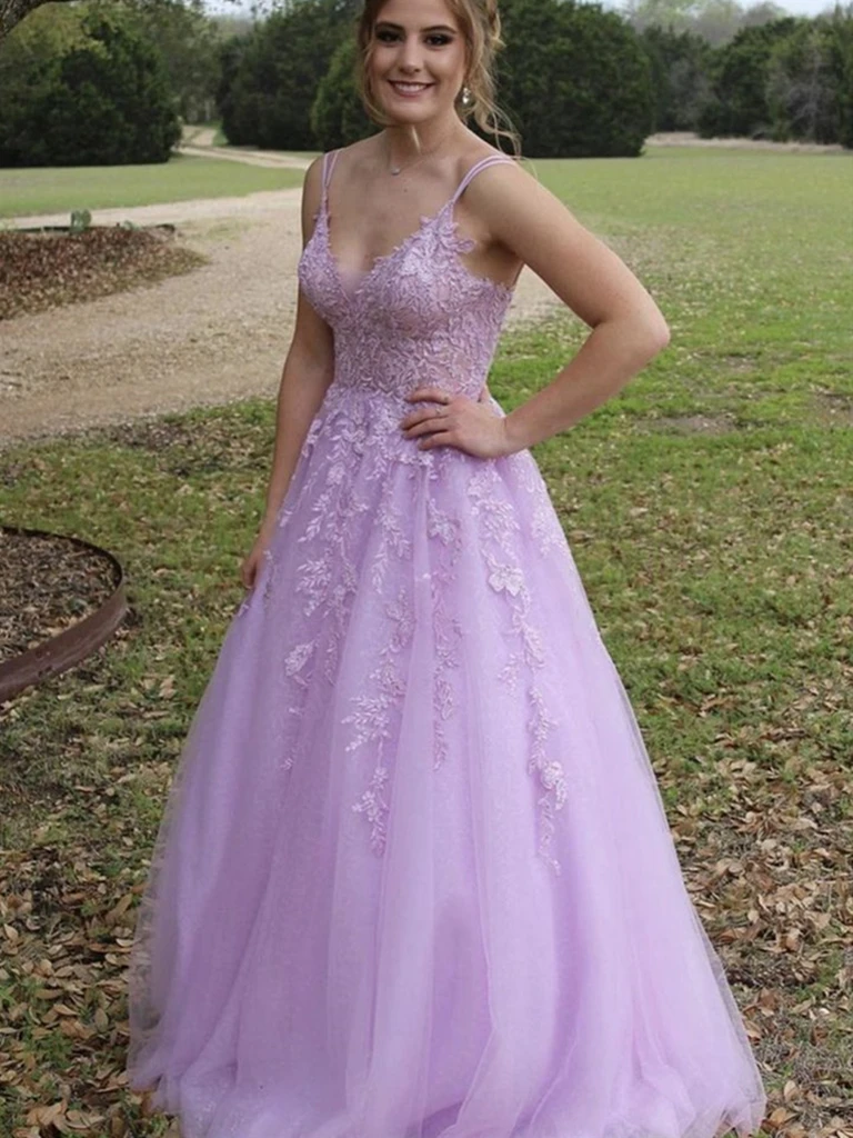 A Line V Neck Purple Lace Long Prom Dresses, Purple Lace Formal Dresses, Purple Evening Dresses cg21720