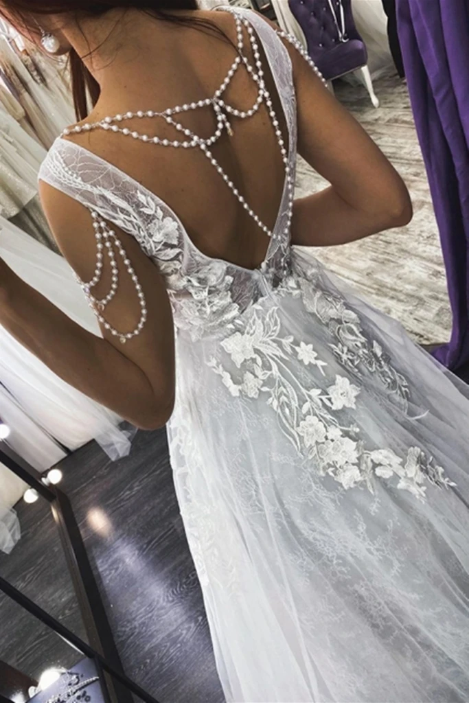 A Line V Neck Open Back Beaded Ivory Lace Long Prom Dresses with Gray Lining cg21721