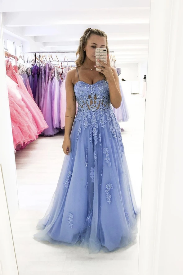 Blue lace long A line prom dress blue evening dress cg21722