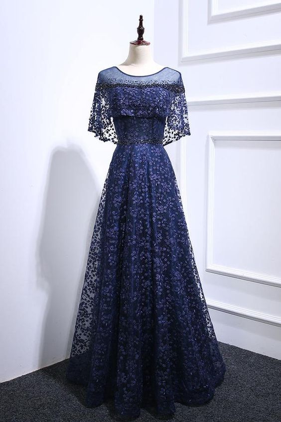 Dark blue lace long prom dress, blue lace evening dress cg21746