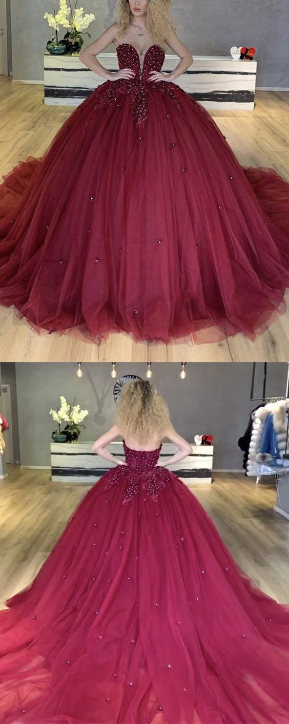 Burgunder Tüll Ballkleid Quinceanera Kleid mit Spitze Blumen Sweetheart Ballkleid cg21756
