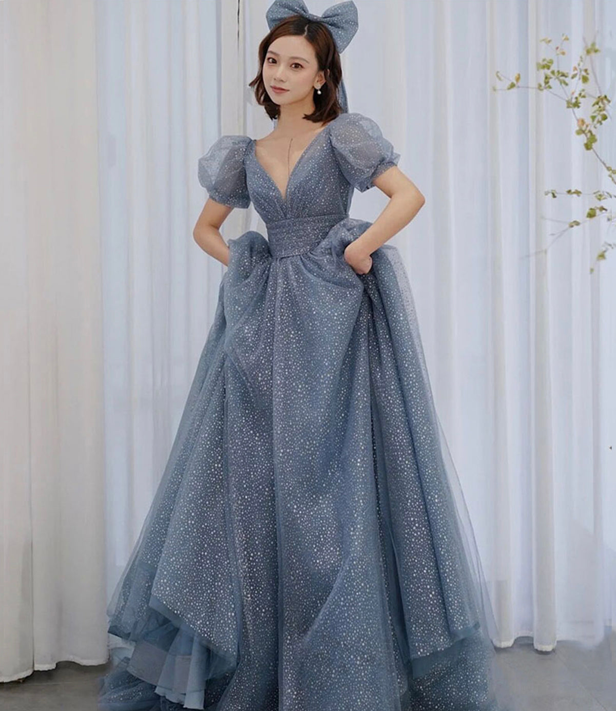 BLAUES V-AUSSCHNITT TÜLL LANGES A-LINIEN-BALLKLEID ABENDKLEID cg21763