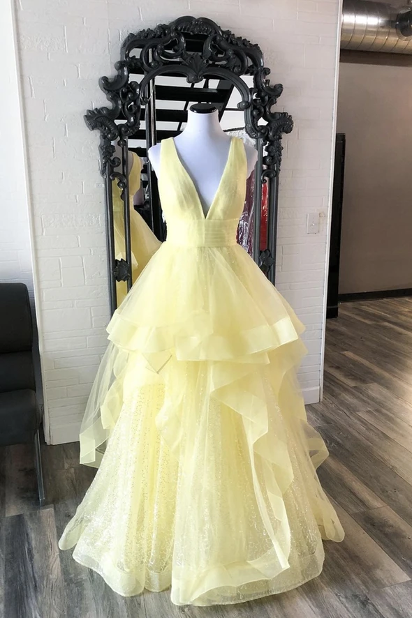 Yellow tulle sequins long A line prom dress evening dress cg21779