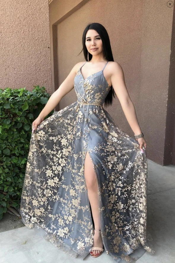 Gray tulle sequins long A line prom dress evening dress cg21787